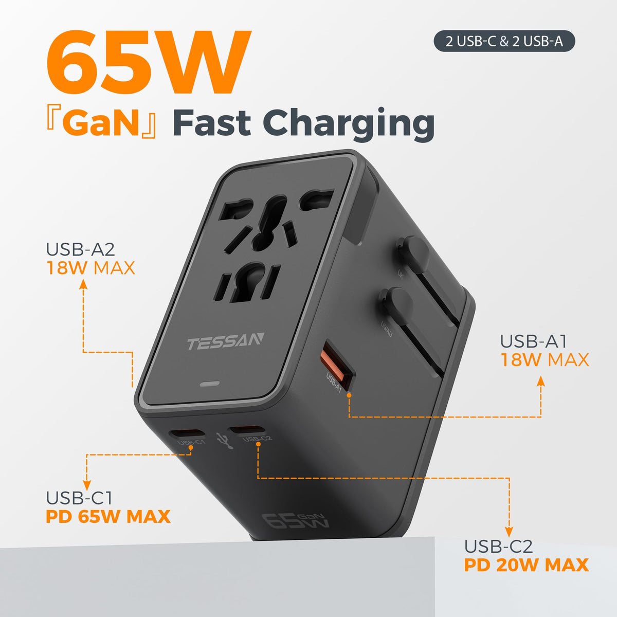 TESSAN adapter with Type C G I A plugs extended demonstrating worldwide compatibility