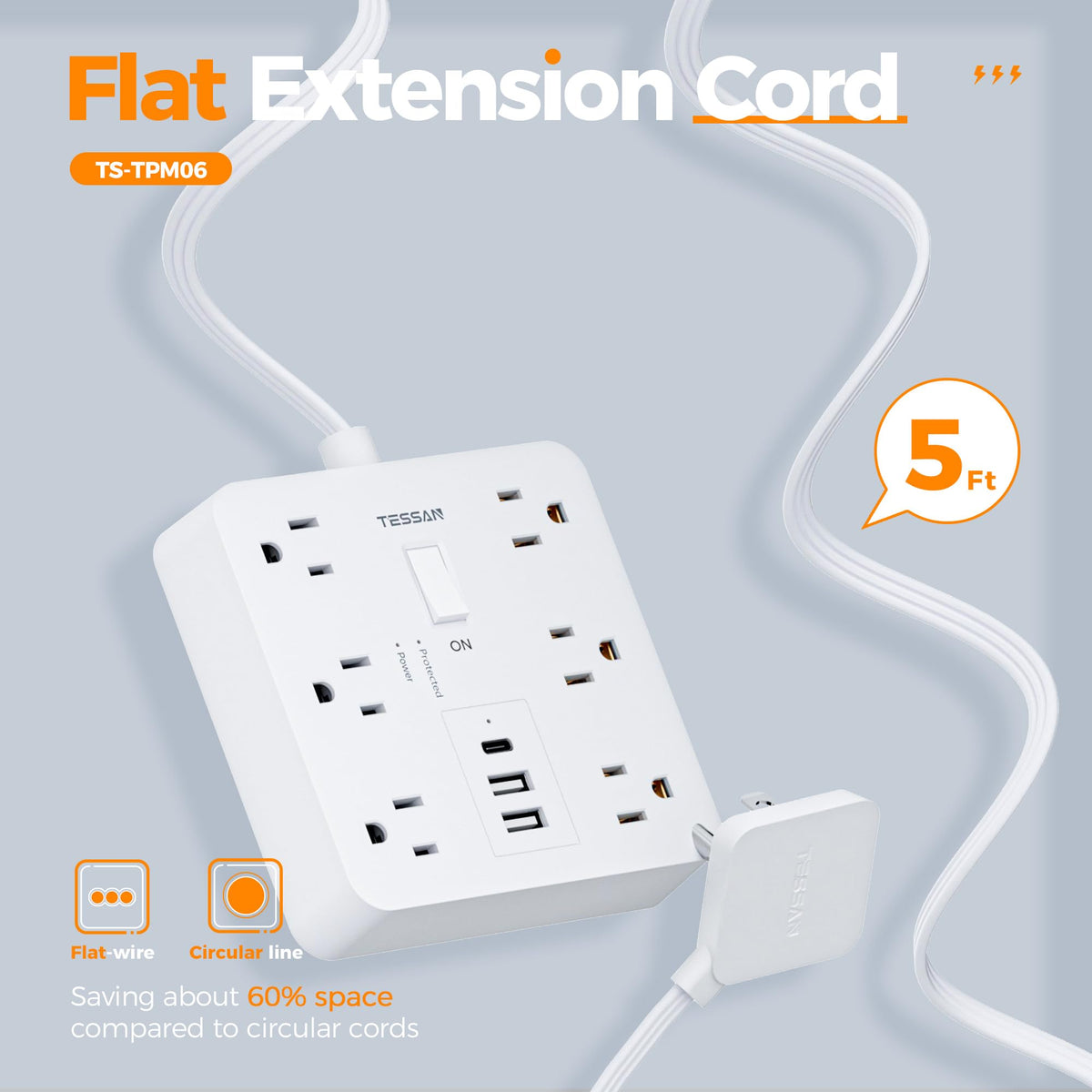 TESSAN anti-slip rubber feet secure the power strip on desks.