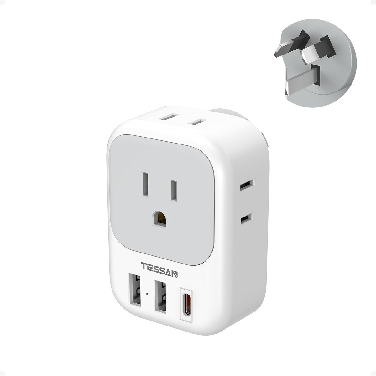 TESSAN Australia NZ power adapter front view, compact and travel-ready.