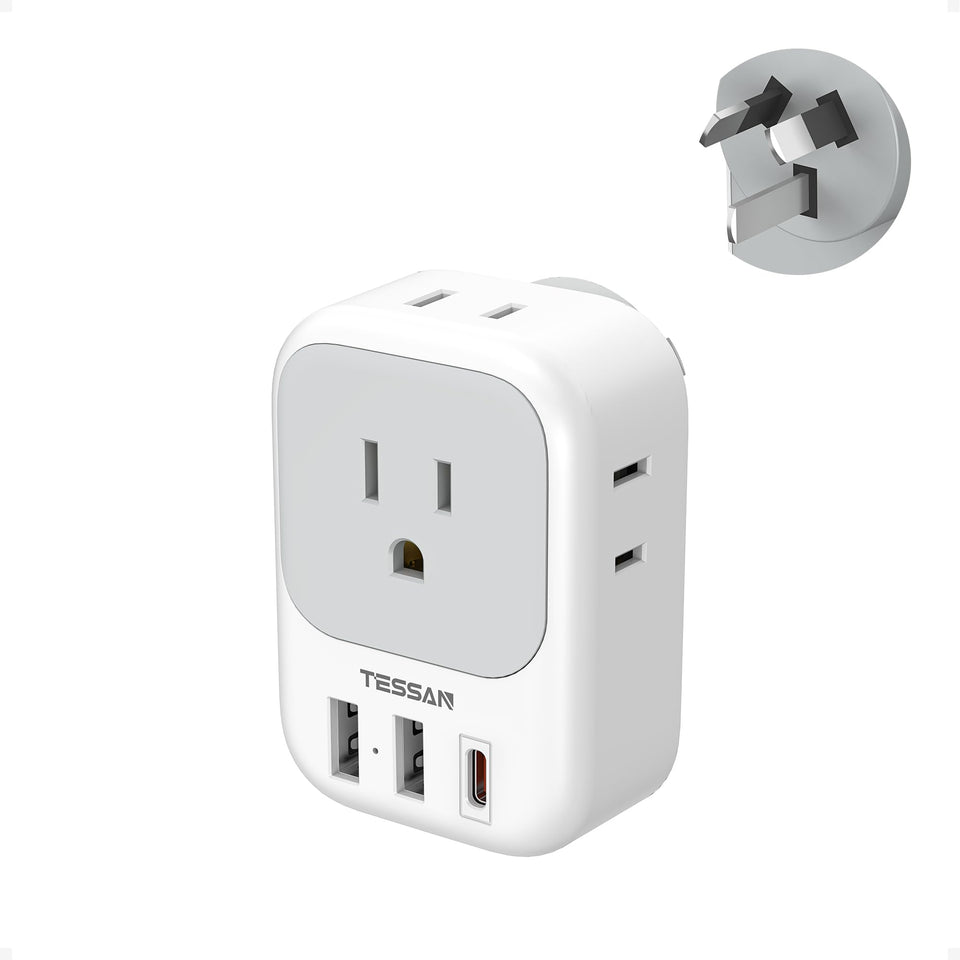 TESSAN Australia NZ power adapter front view, compact and travel-ready.