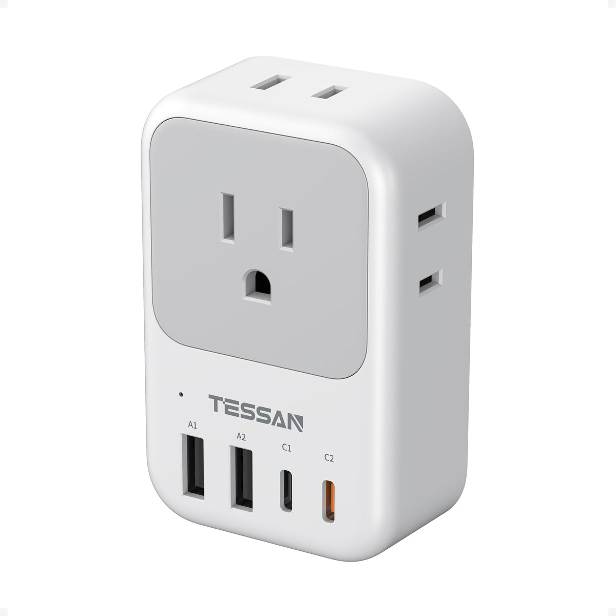 TESSAN Type I travel adapter with four outlets and USB ports for versatile charging on the go.