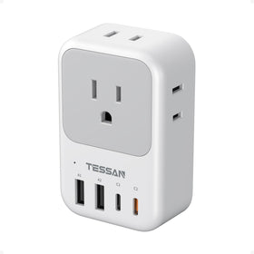 TESSAN Type I travel adapter with four outlets and USB ports for versatile charging on the go.