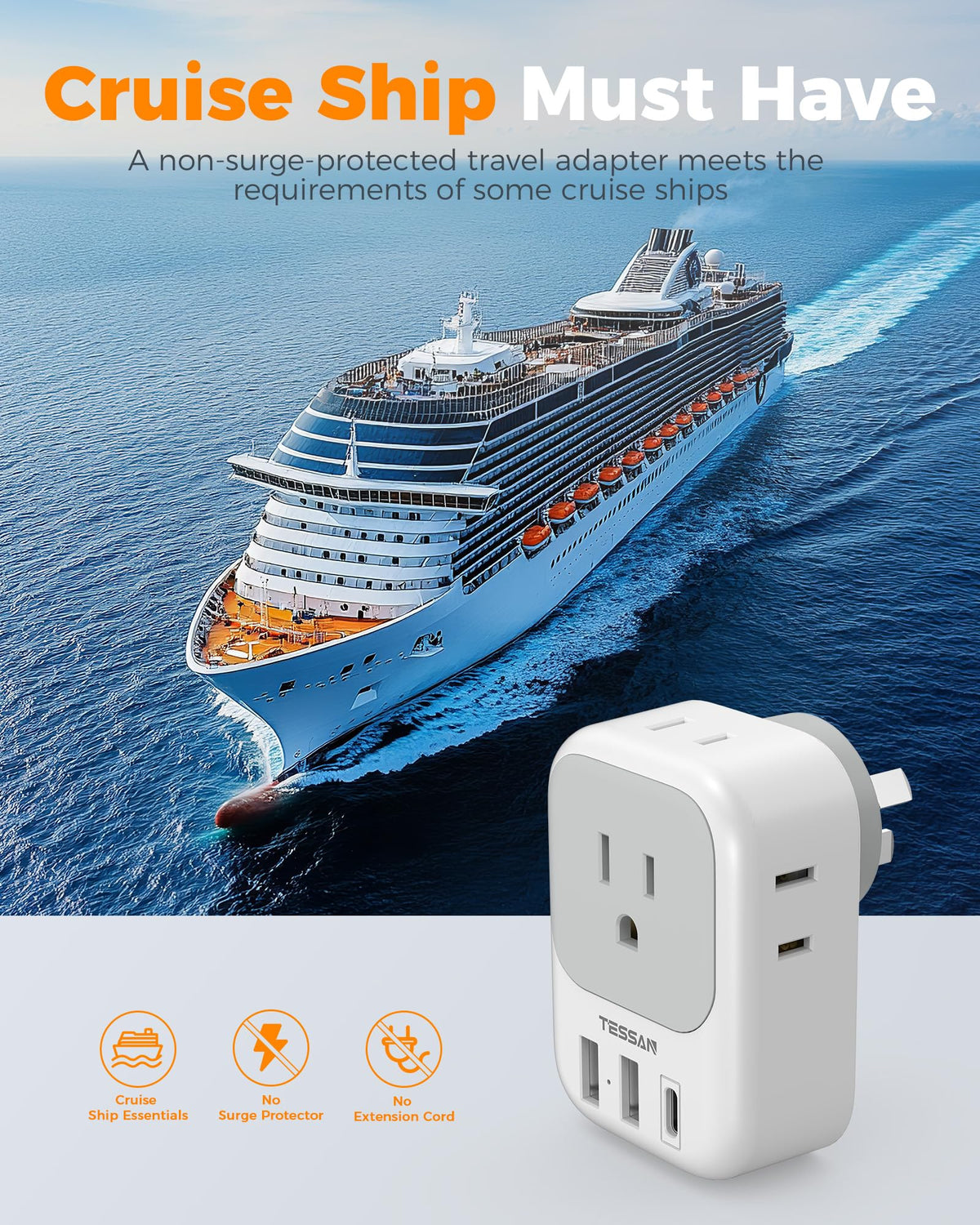 TESSAN travel adapter for USA to AU NZ, versatile for wide voltage journeys.