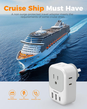 TESSAN travel adapter for USA to AU NZ, versatile for wide voltage journeys.