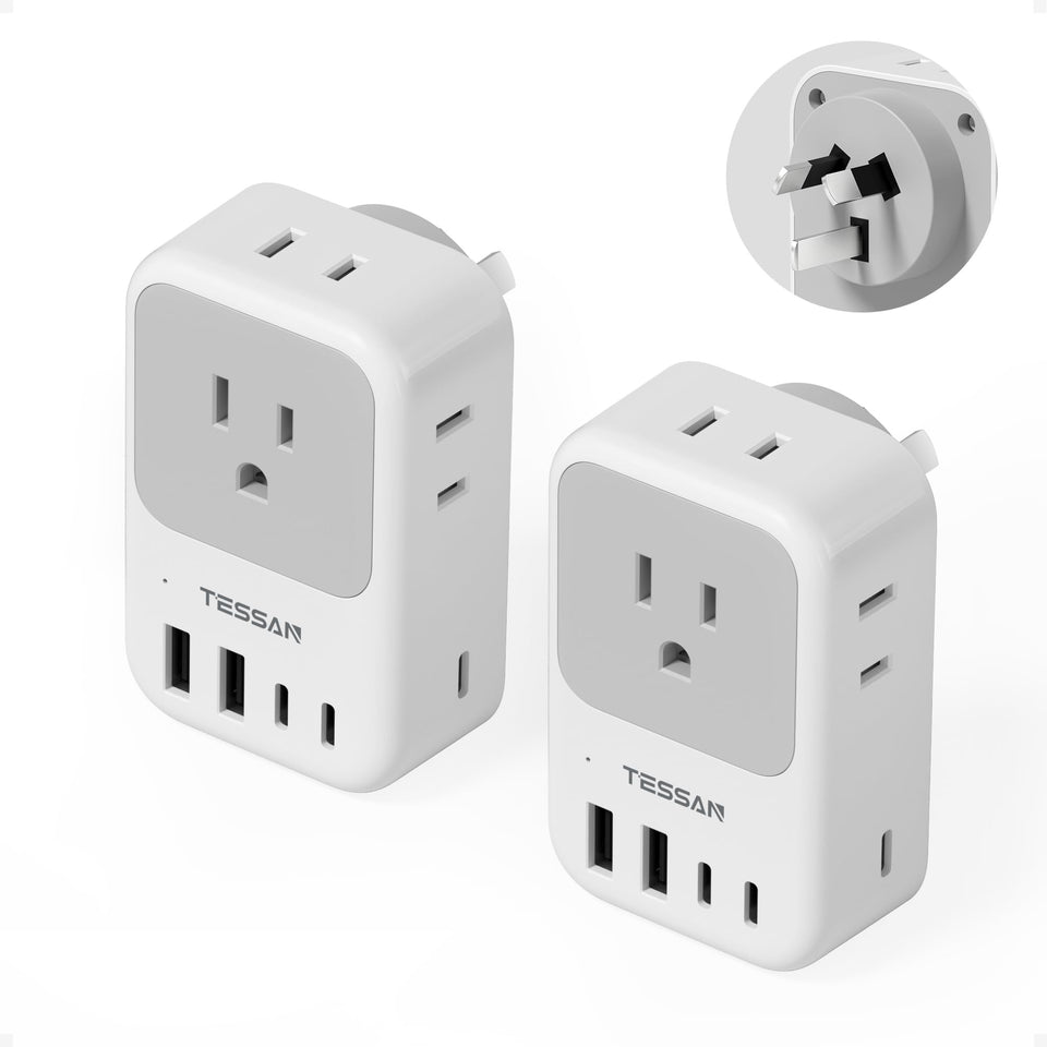TESSAN Australia plug adapter 2-pack with four outlets and USB ports for versatile charging