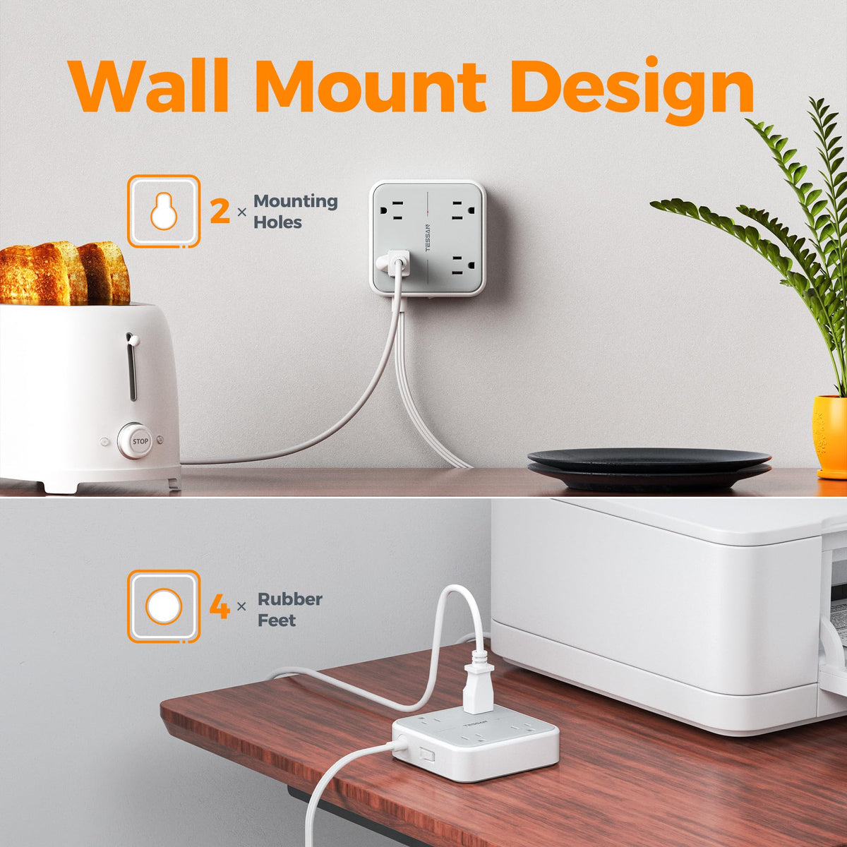 TESSAN hidden behind sofa, flat plug for discreet installation