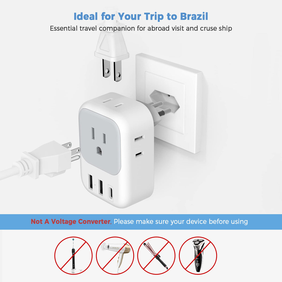 TESSAN Brazil adapter supports 100-250V devices for wide voltage use