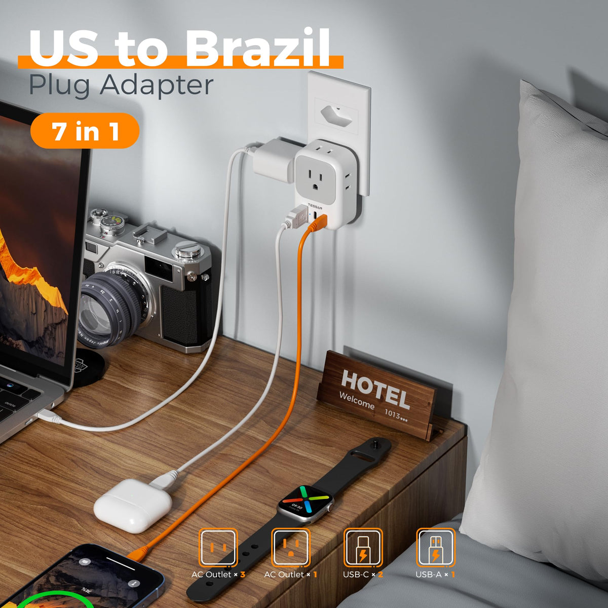 TESSAN Brazil Power Adapter with 2 USB-C ports for quick device charging.