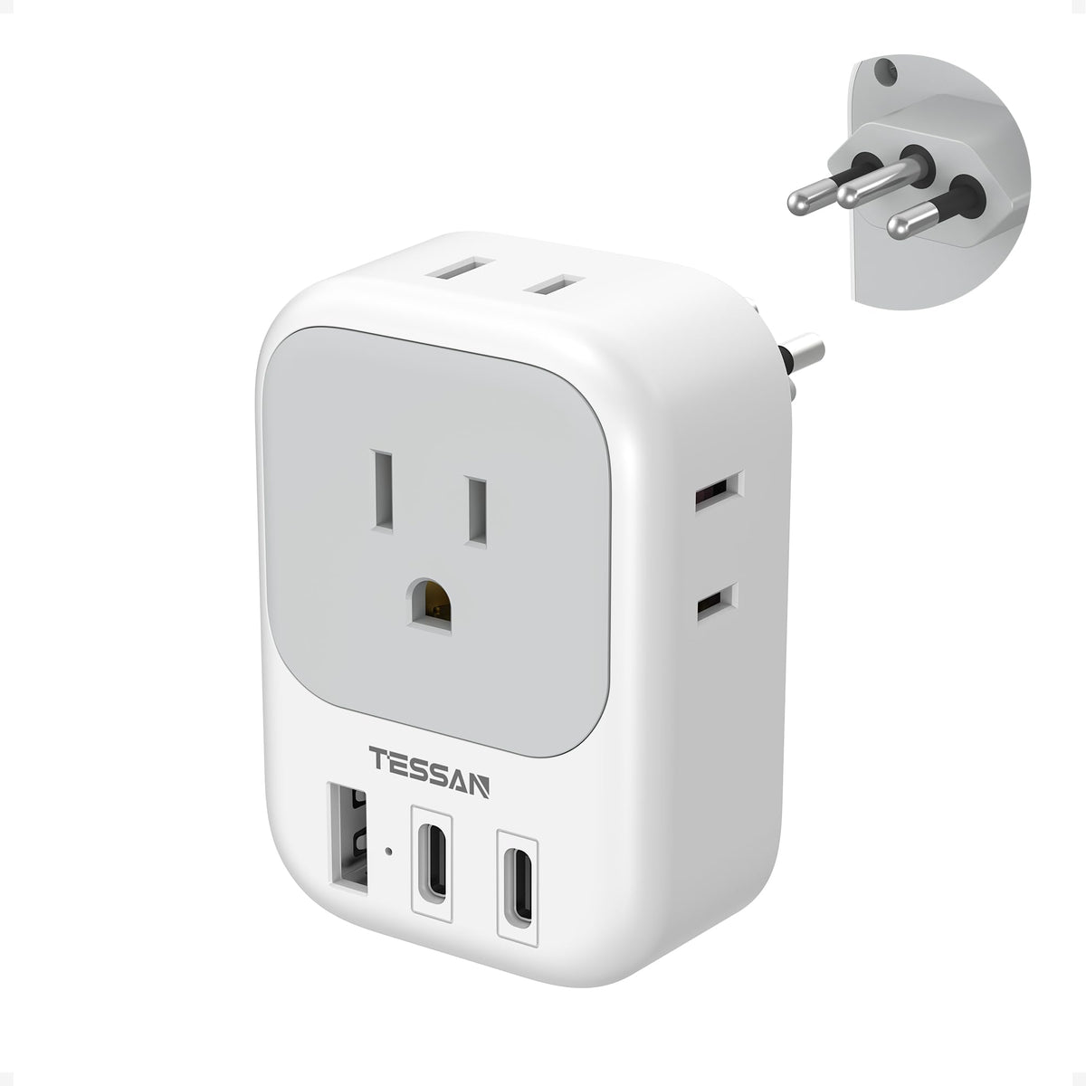 TESSAN Brazil Power Adapter 7-in-1 USB ports for versatile travel charging.