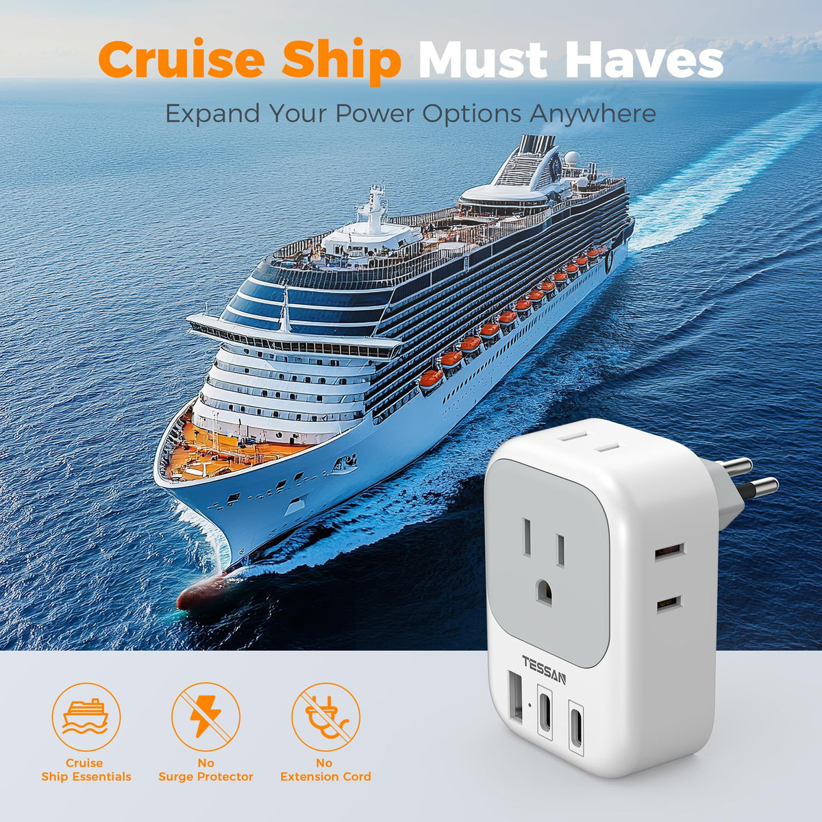 TESSAN Brazil Power Adapter compact travel design fits easily in a bag.