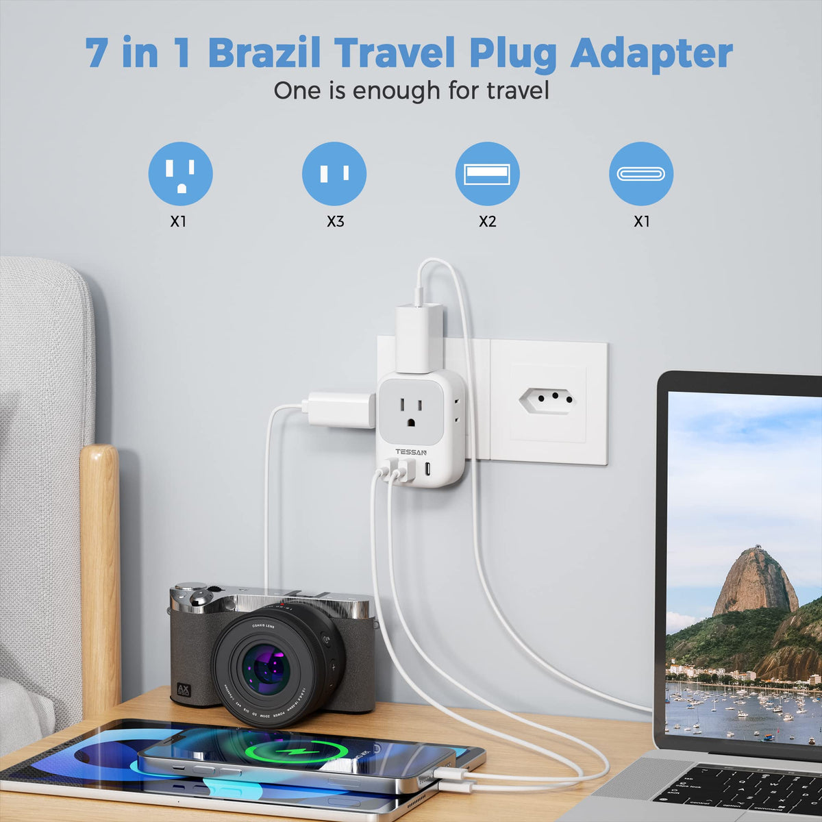 TESSAN Brazil adapter with USB-C and USB-A ports for fast charging