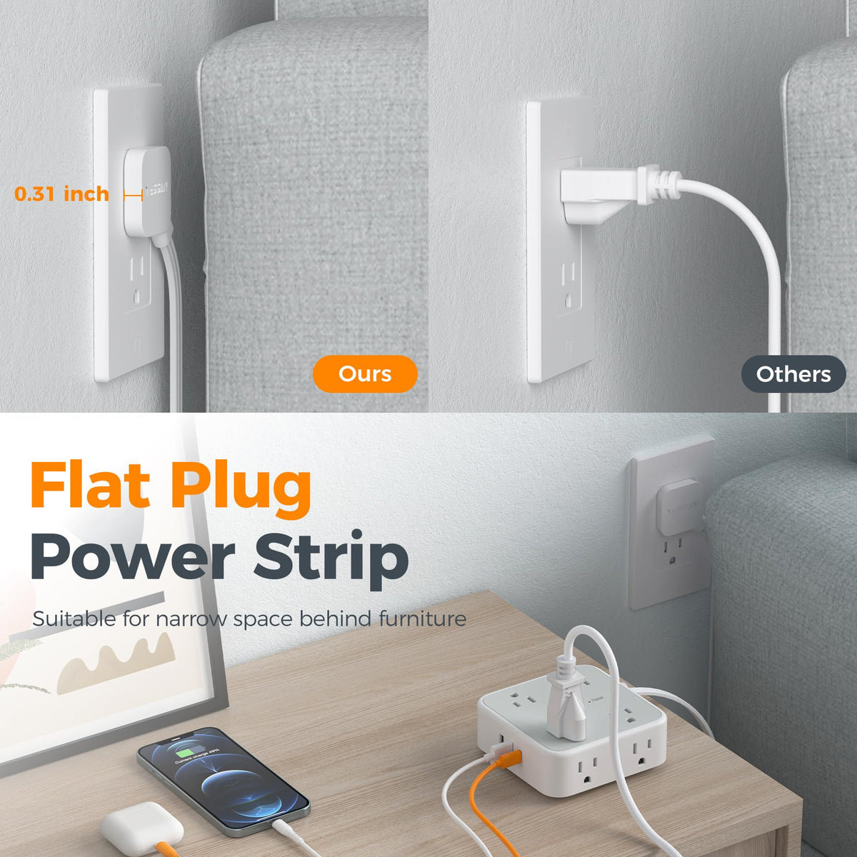 TESSAN 5 foot cable beside ruler to show cord length and placement flexibility