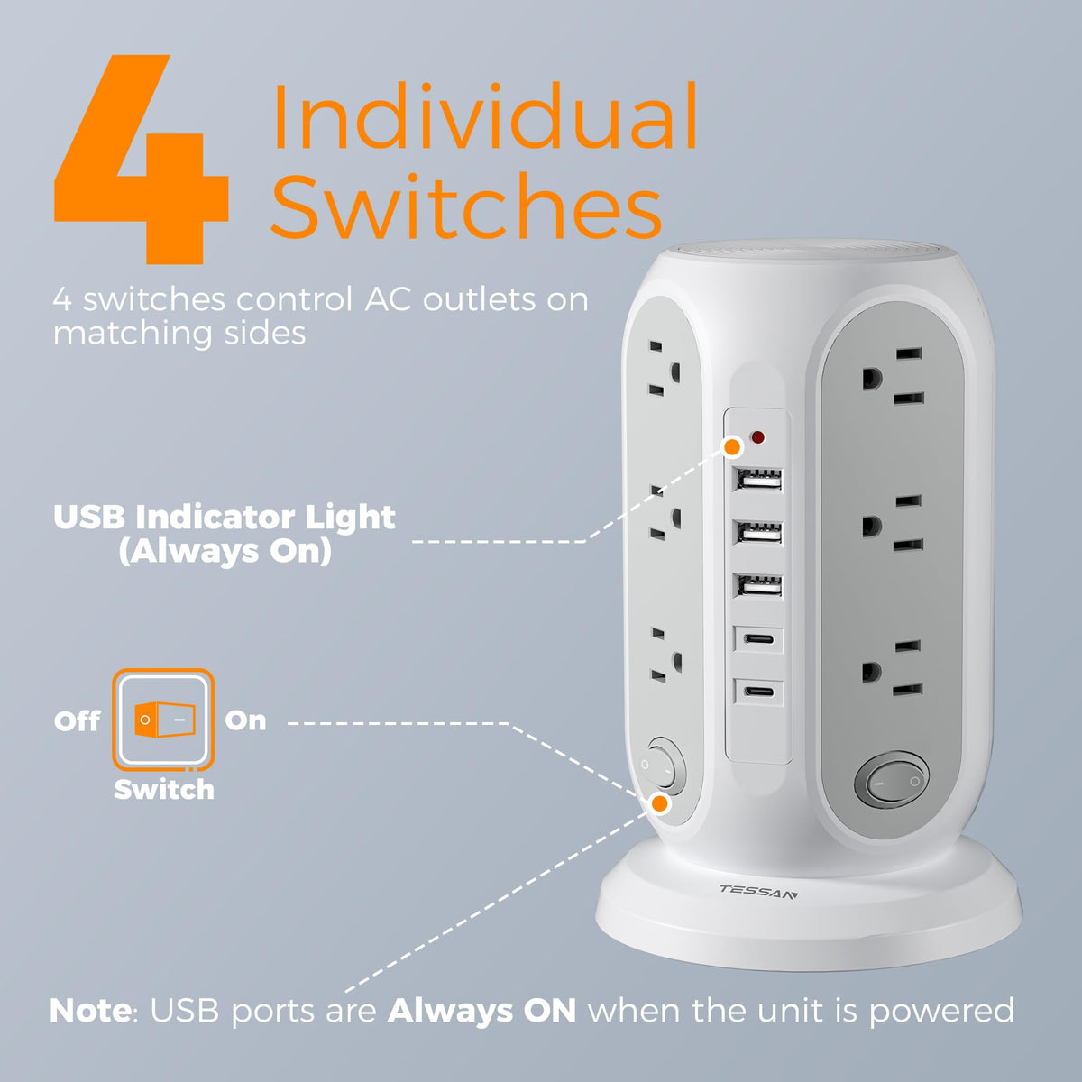 TESSAN closeup of individual switches and ports providing easy control and convenience