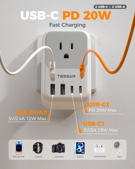 TESSAN compact travel adapter demonstrates pocket-size portability.
