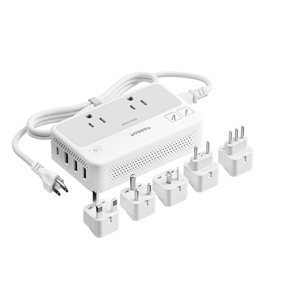 TESSAN converter front view showing outlets and ports for safe charging