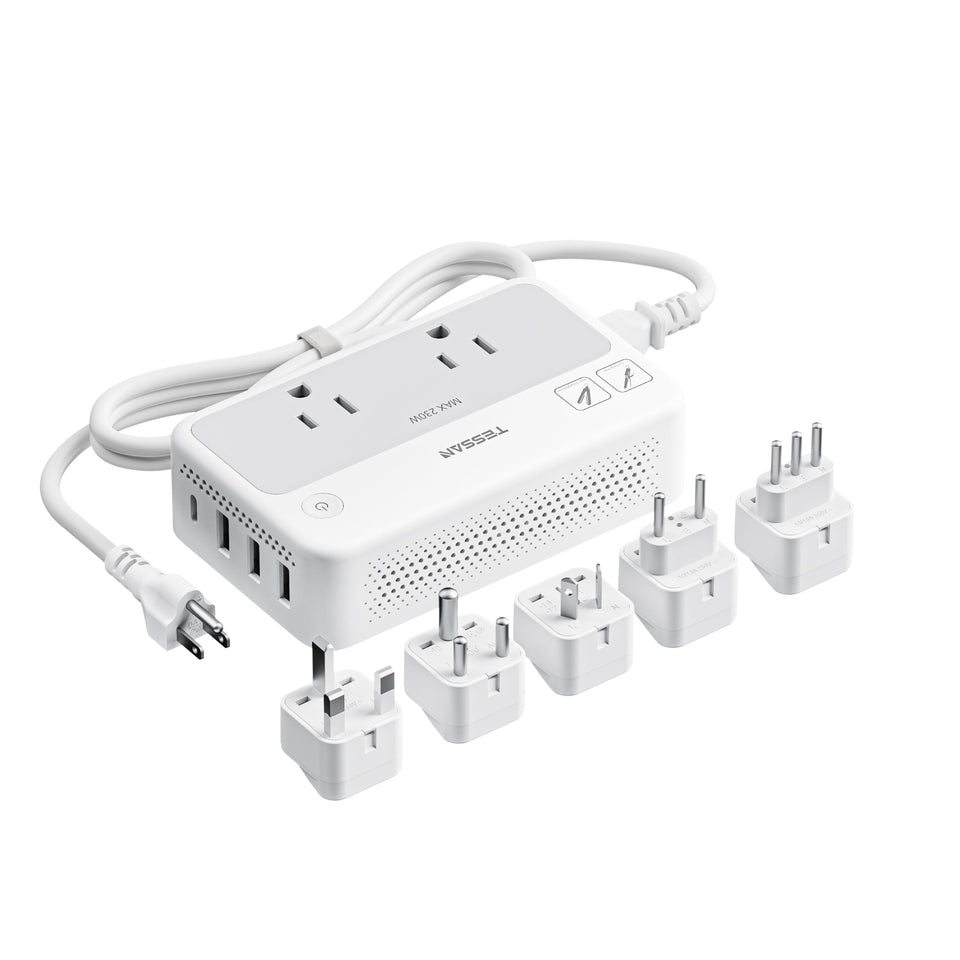 TESSAN converter front view showing outlets and ports for safe charging