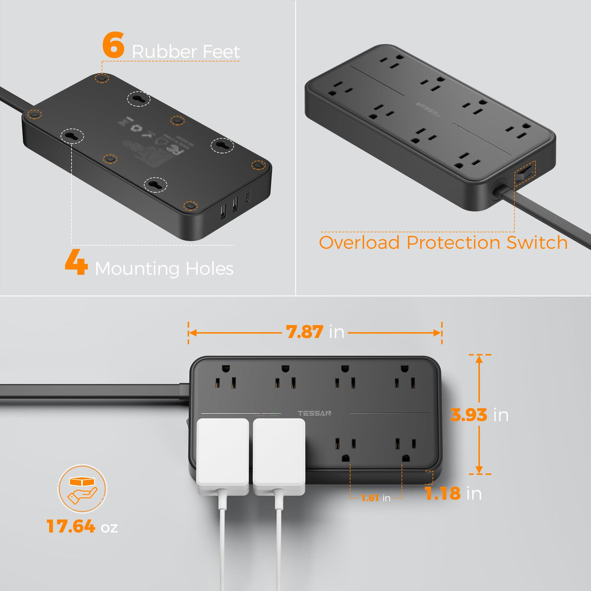 TESSAN cord and angled plug tucked behind sofa showing discreet cable management