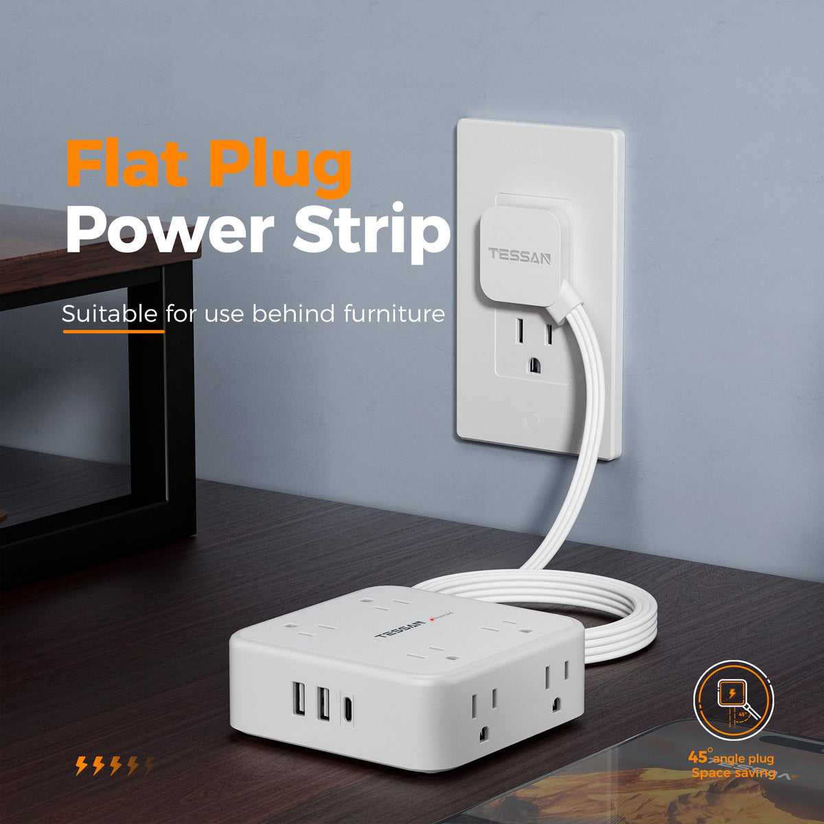 TESSAN cord length and reach showing 15 ft extension for distant wall outlets