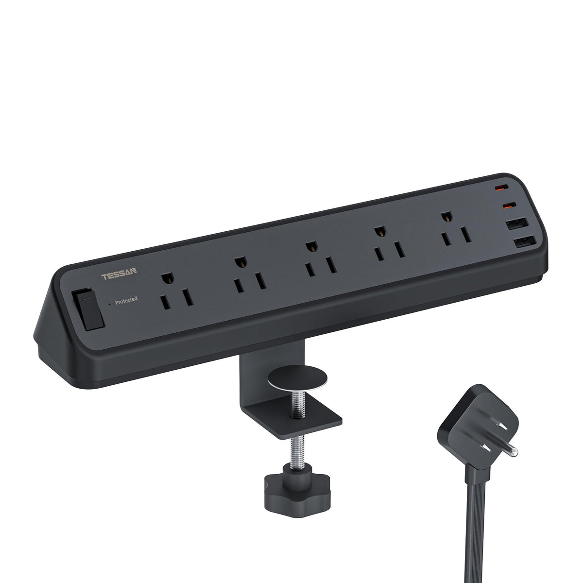 TESSAN desk clamp power strip mounted on a desk for clutter-free charging