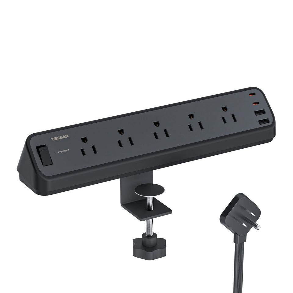 TESSAN desk clamp power strip mounted on a desk for clutter-free charging