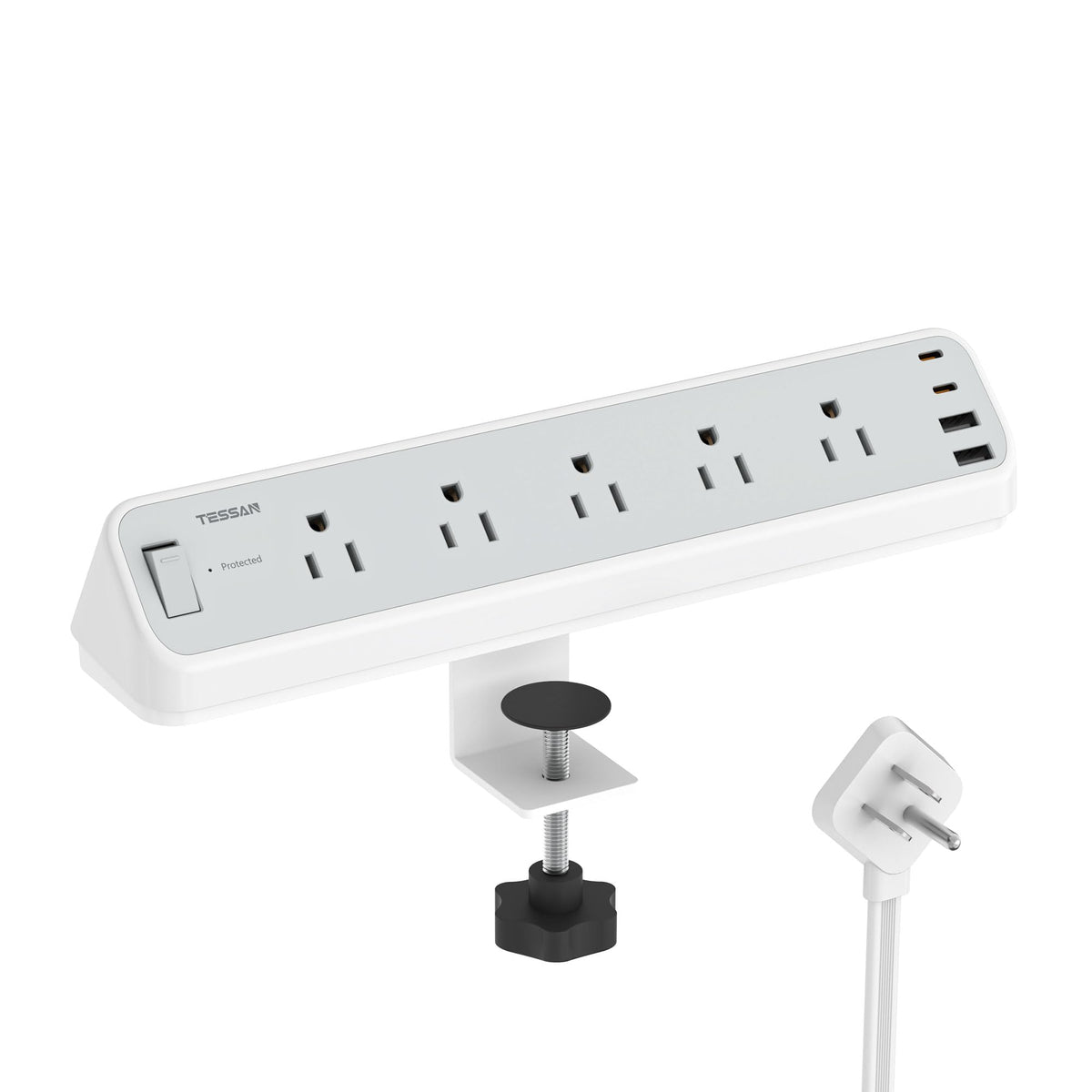 TESSAN desk clamp power strip with 9-in-1 outlets keeps devices organized.