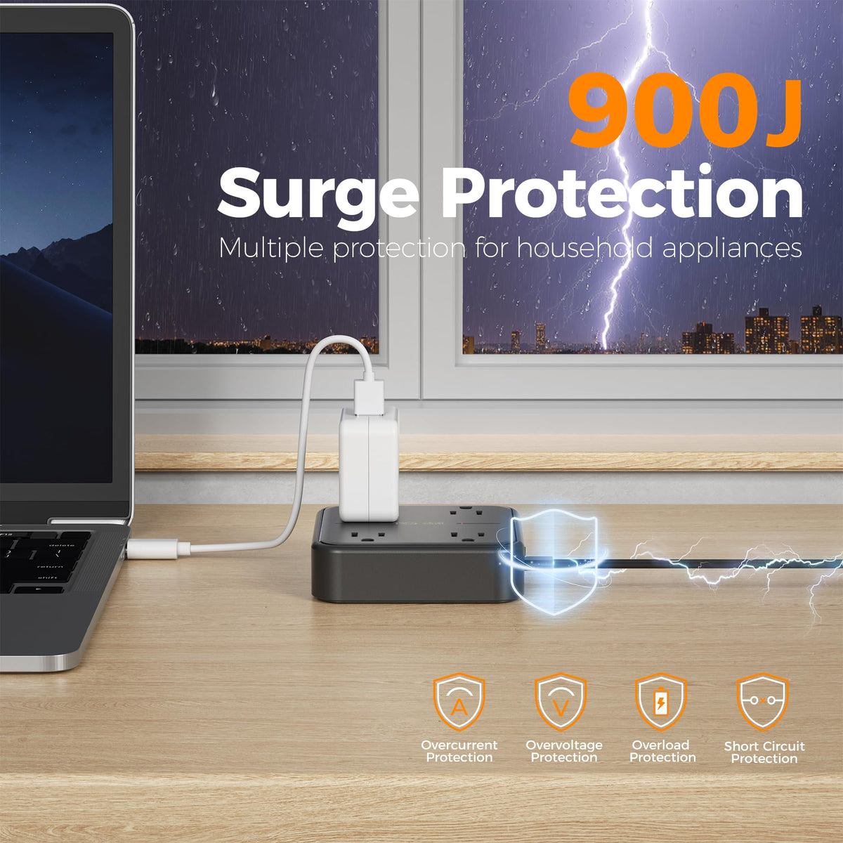 TESSAN desktop power strip with four outlets and three USB ports for clutter-free charging