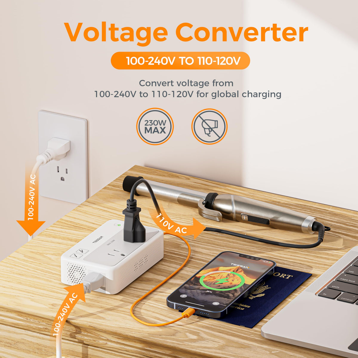 TESSAN detachable international plugs array for worldwide compatibility benefit