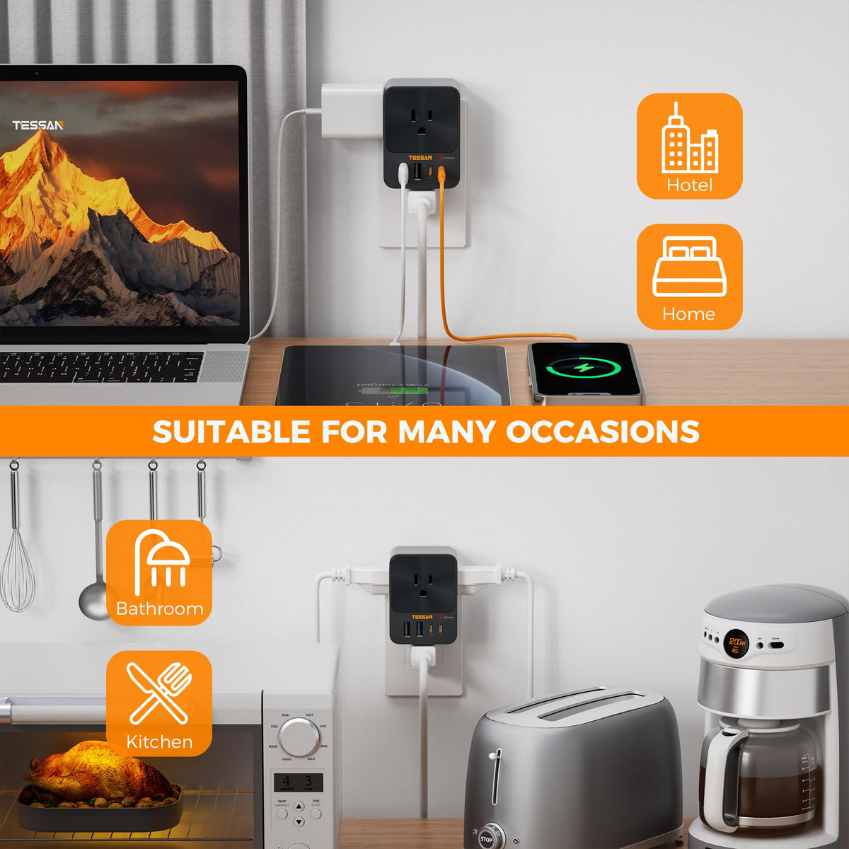 TESSAN dorm-office setup powers laptop and accessories efficiently.
