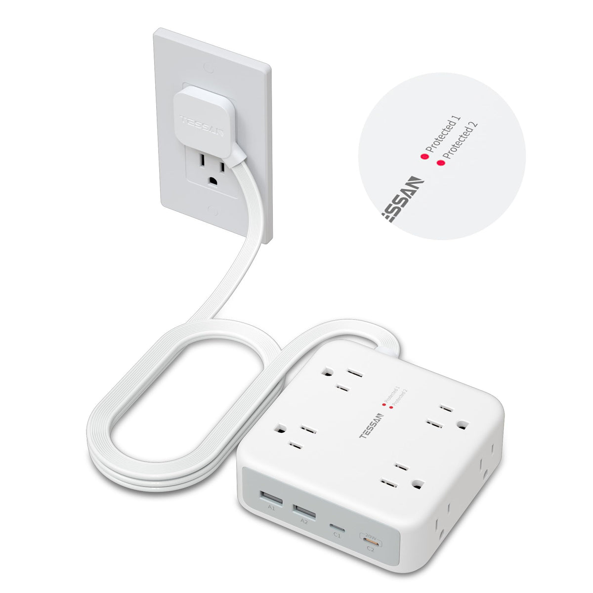 TESSAN dual surge power strip with 8 outlets for organized home charging.