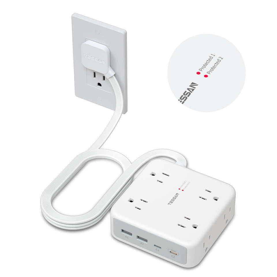 TESSAN dual surge power strip with 8 outlets for organized home charging.