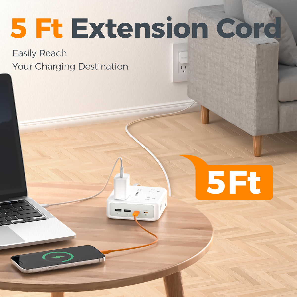 TESSAN dual surge protector power strip 45-degree flat plug facilitates tight furniture placement