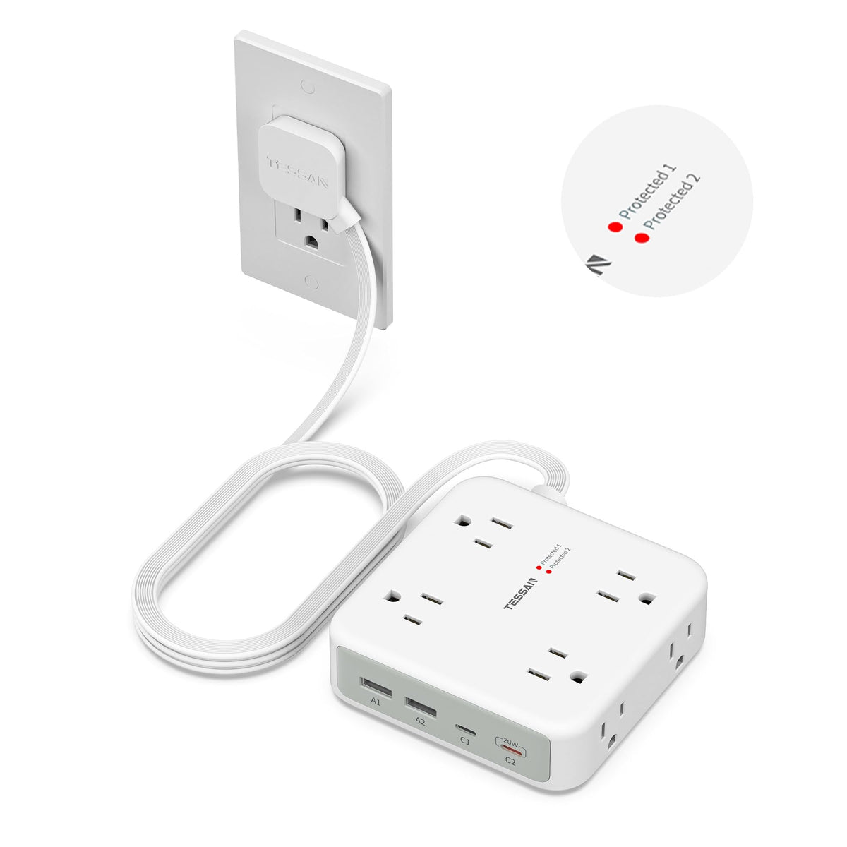 TESSAN dual surge protector power strip front view shows ample outlets for organized charging