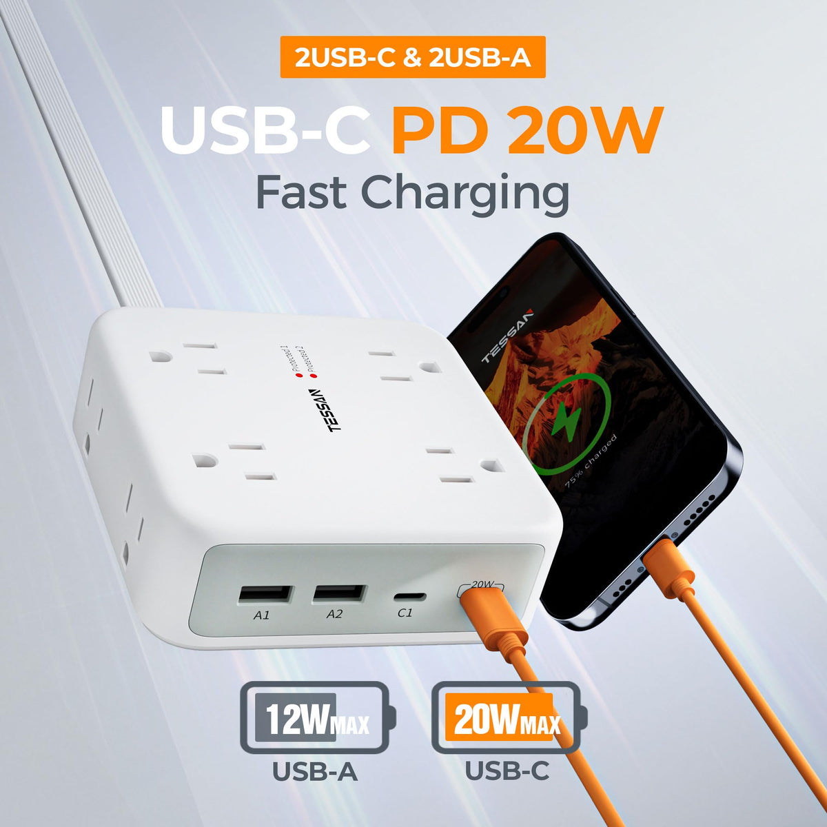 TESSAN dual surge protector power strip USB-C ports closeup shows high-power charging options