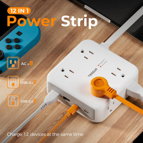 TESSAN dual surge protector power strip USB ports closeup highlights PD fast charging potential