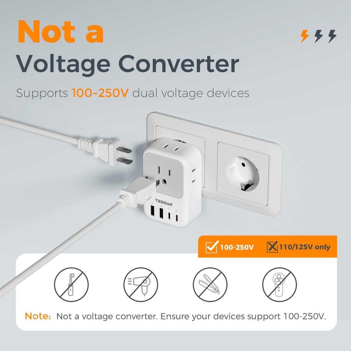 TESSAN EU plug adapter shown in use with devices in a hotel room.