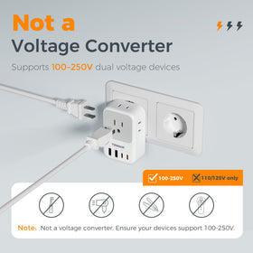 TESSAN EU plug adapter shown in use with devices in a hotel room.