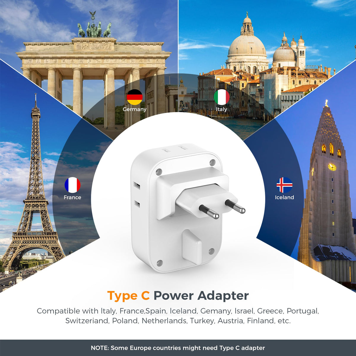 TESSAN adapter showing four US outlets on a European plug for multi-device charging.