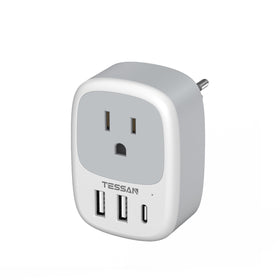 TESSAN adapter front view showing EU pins and US outlet for versatile charging