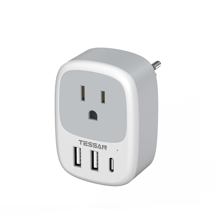 TESSAN adapter front view showing EU pins and US outlet for versatile charging