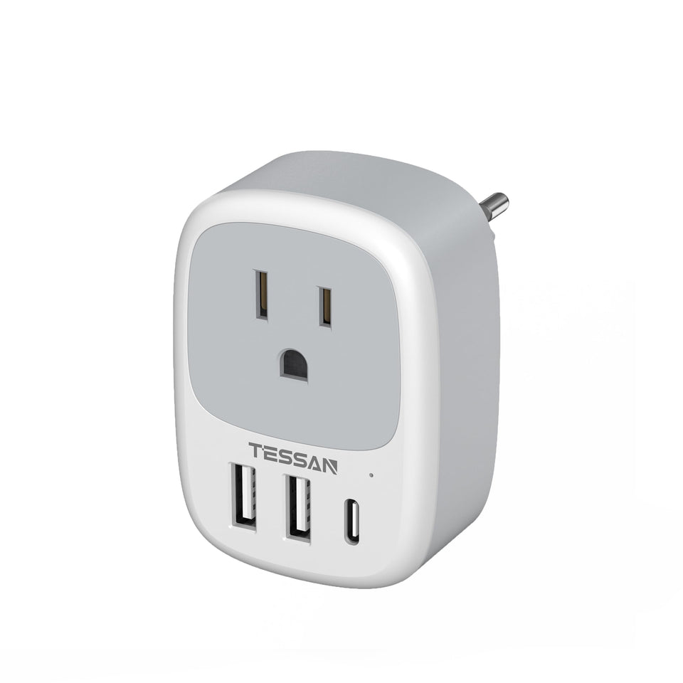 TESSAN adapter front view showing EU pins and US outlet for versatile charging