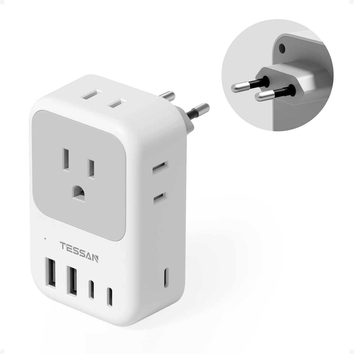 TESSAN European travel plug adapter with four outlets for Europe, ideal for hotels.