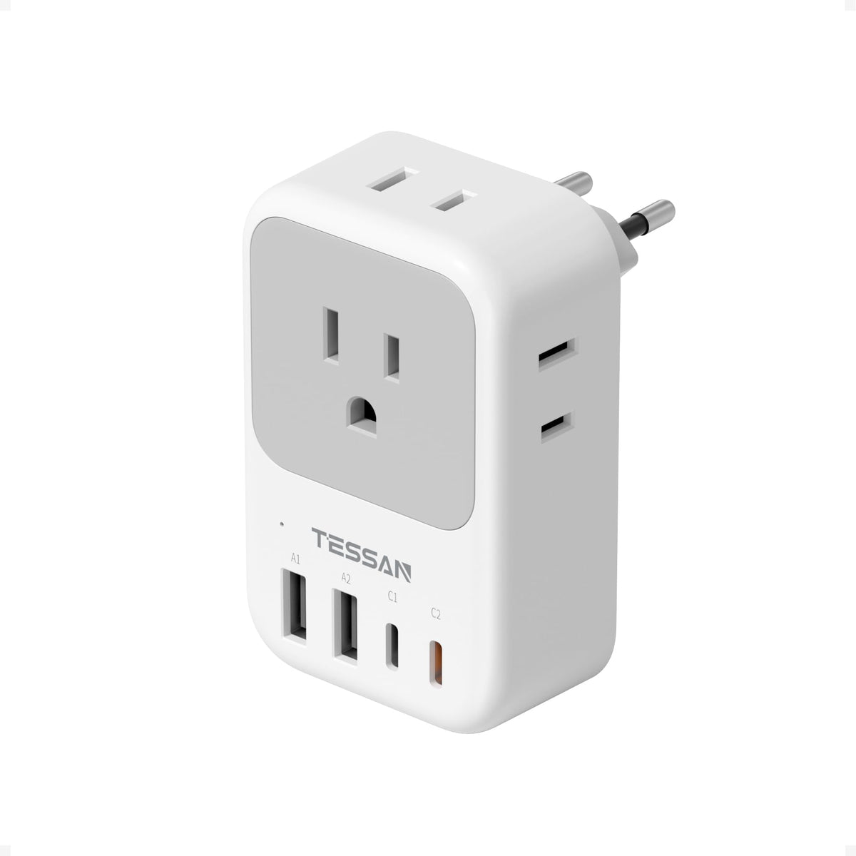 TESSAN 8-in-1 European travel adapter shows multiple ports for Europe trips.