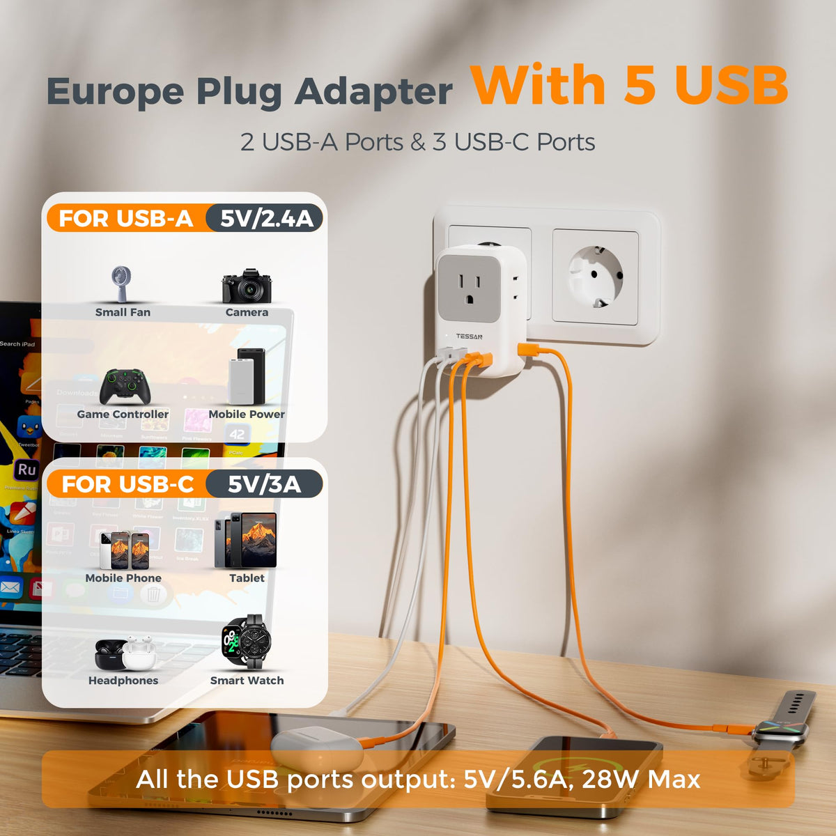 Compact TESSAN European adapter designed for easy packing and travel.
