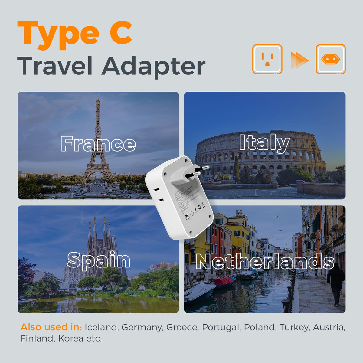 TESSAN compact European adapter fits easily in a bag for travelers.