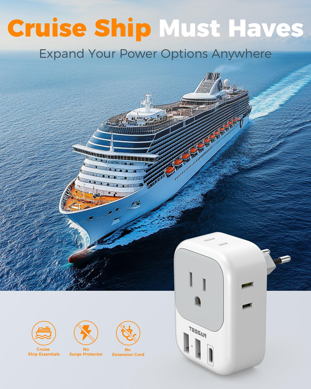 Cruise ship ready TESSAN adapter with compact, no surge protection