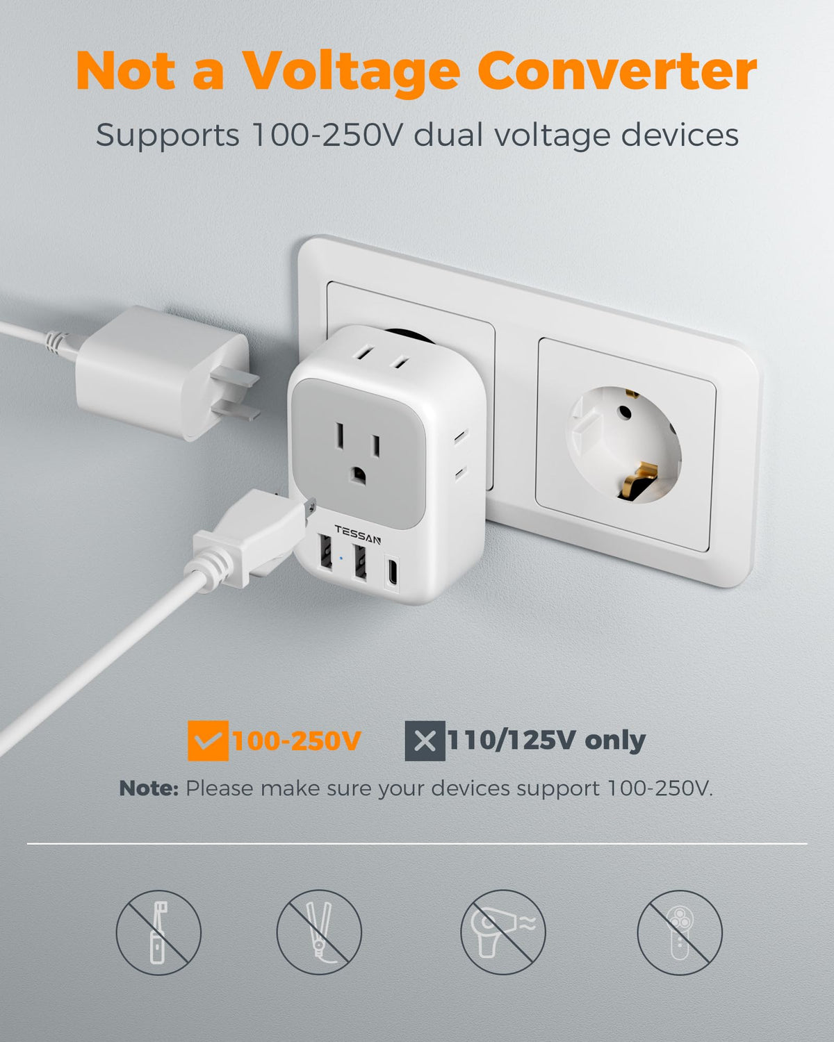 EU compatible travel adapter suitable for popular European destinations