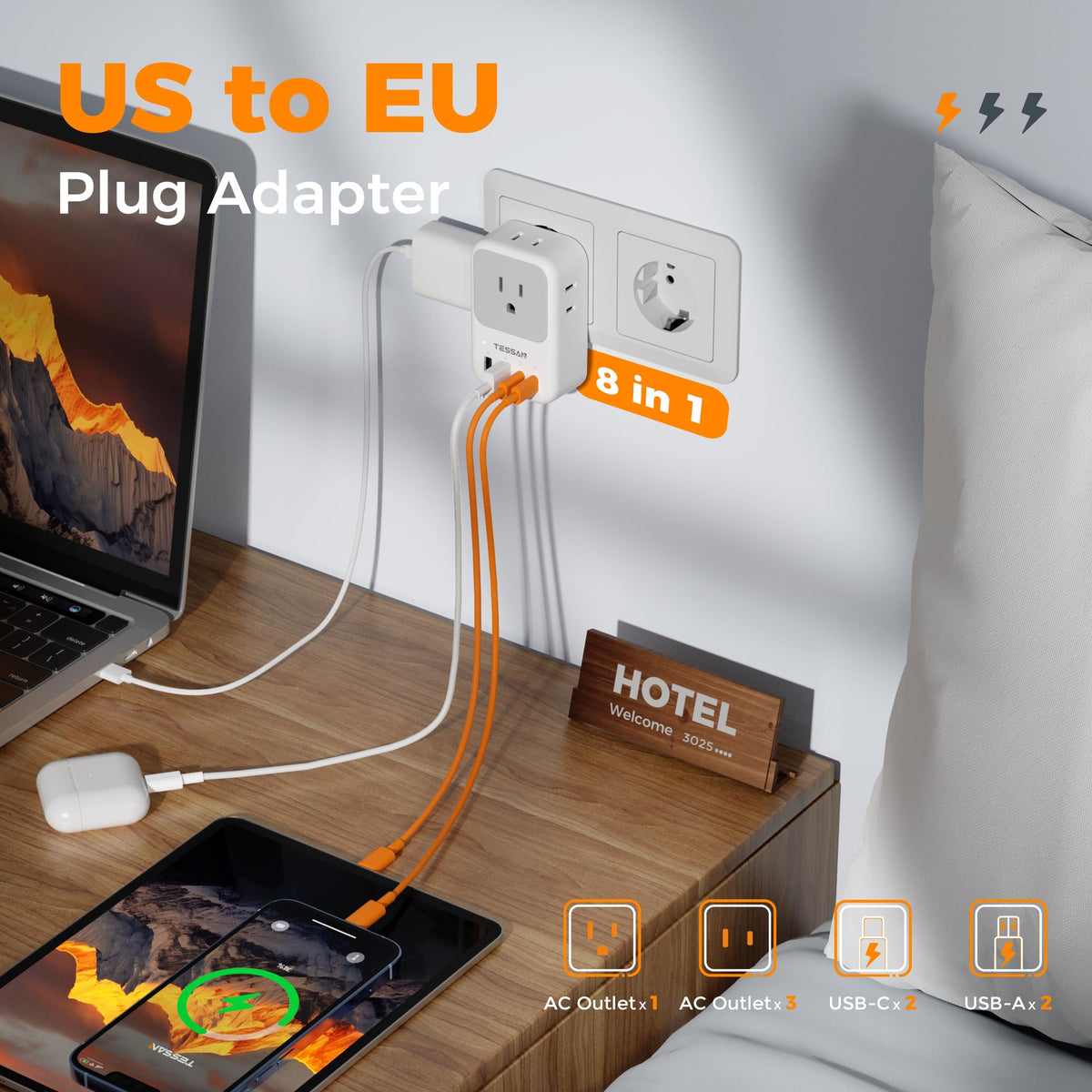 TESSAN USB-C PD 20W port provides 20W fast charging for a phone.
