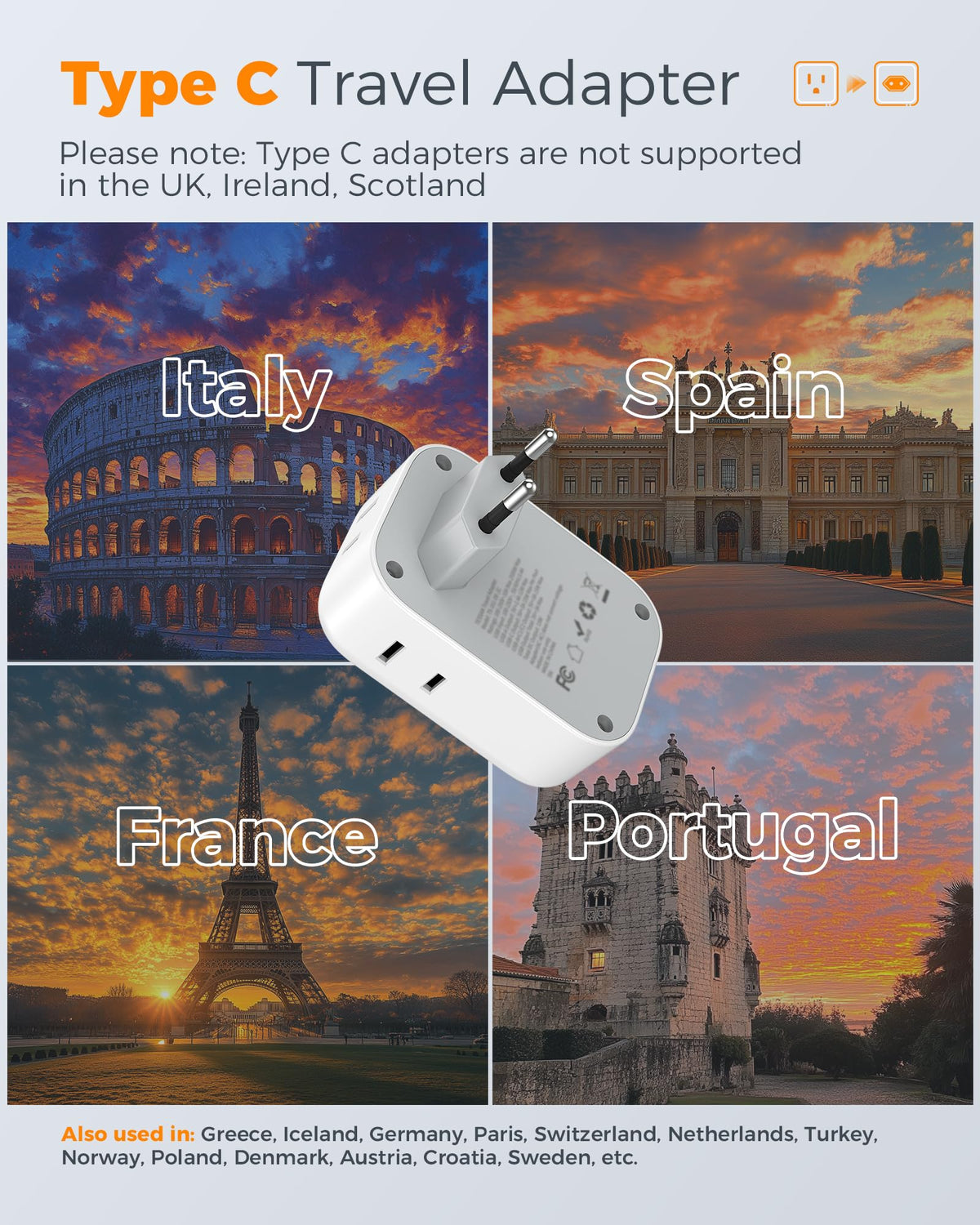 TESSAN EU adapter USB C port enables fast charging for devices