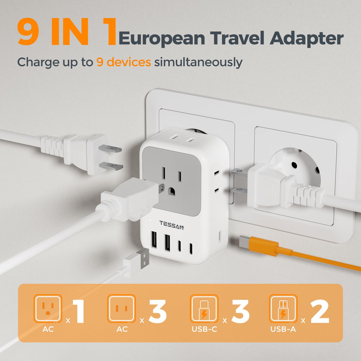 TESSAN adapter featuring USB-C port for modern devices while traveling.