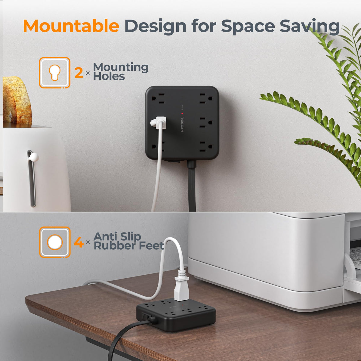 TESSAN flat plug design saves space and fits under furniture.